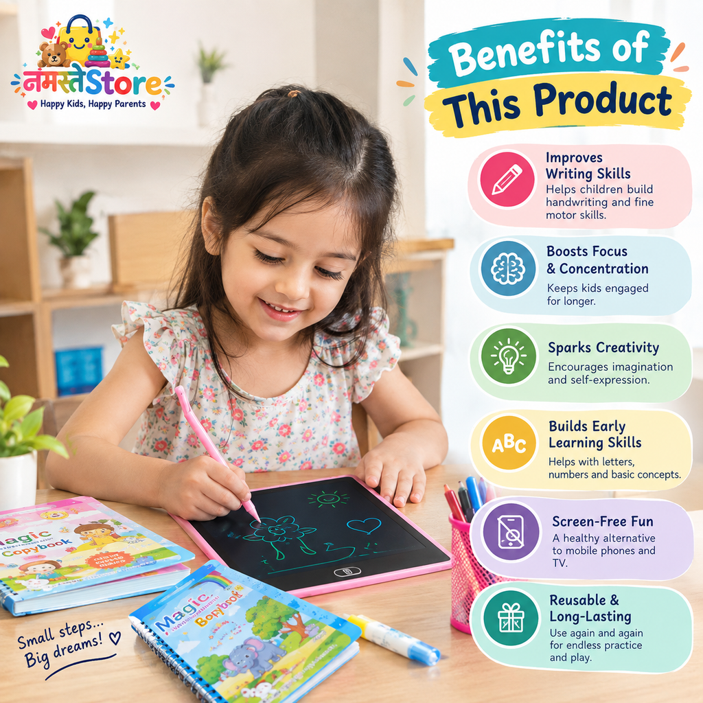 Kids Learning Combo Set – Magic Practice Books, Water Drawing Book & LCD Writing Tablet