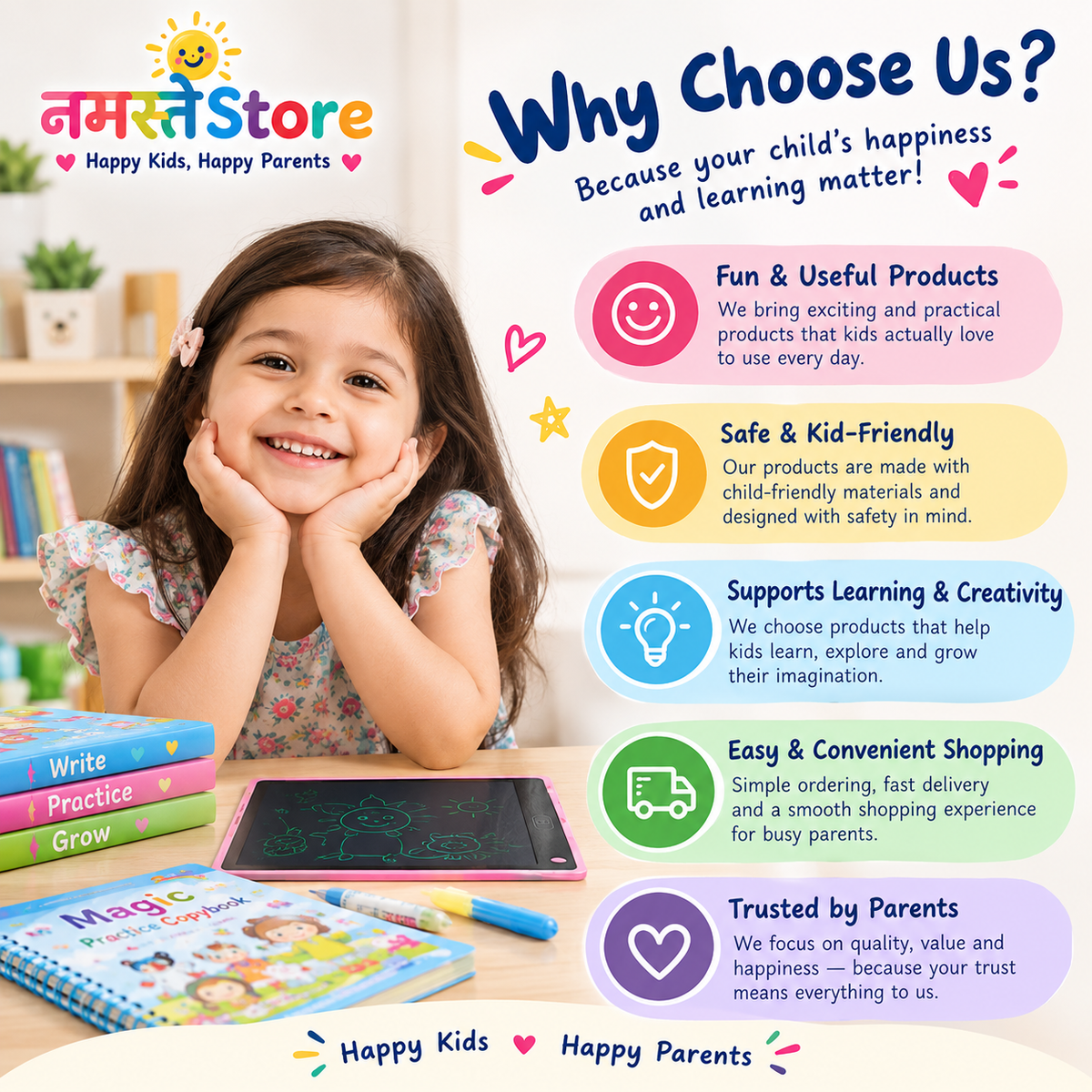 Kids Learning Combo Set – Magic Practice Books, Water Drawing Book & LCD Writing Tablet