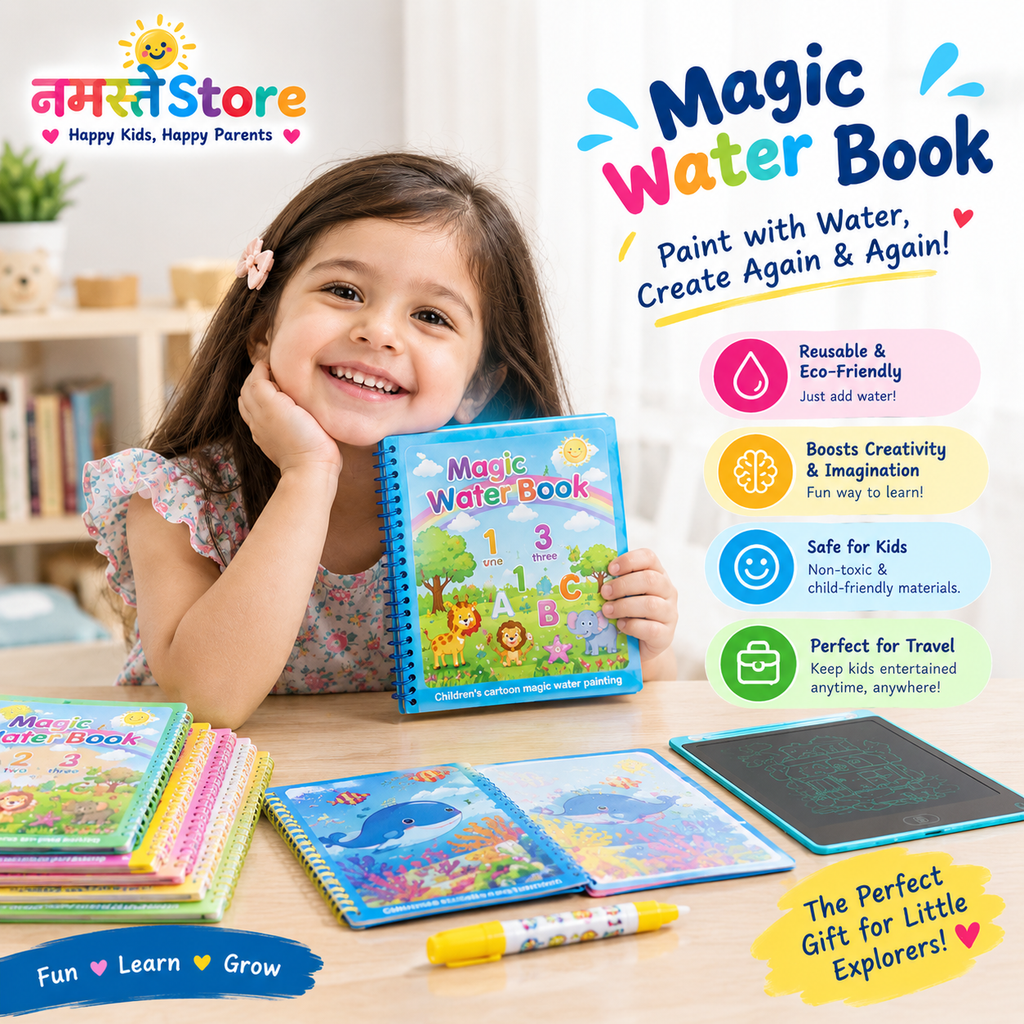 Kids Learning Combo Set – Magic Practice Books, Water Drawing Book & LCD Writing Tablet