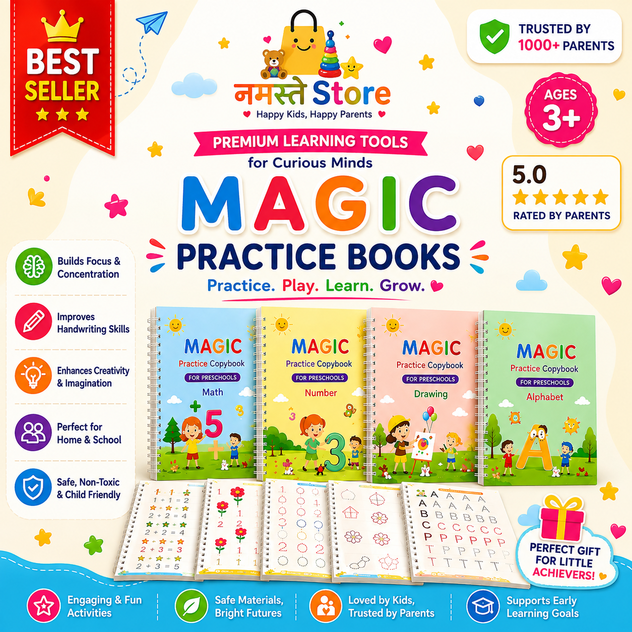 English and Hindi Magic Practice Copybook, (4 Book + 1 Pen + 10 Refill)